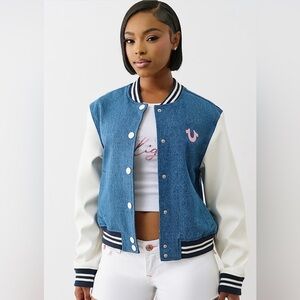 TRUE RELIGION DENIM BUDDHA VARSITY JACKET